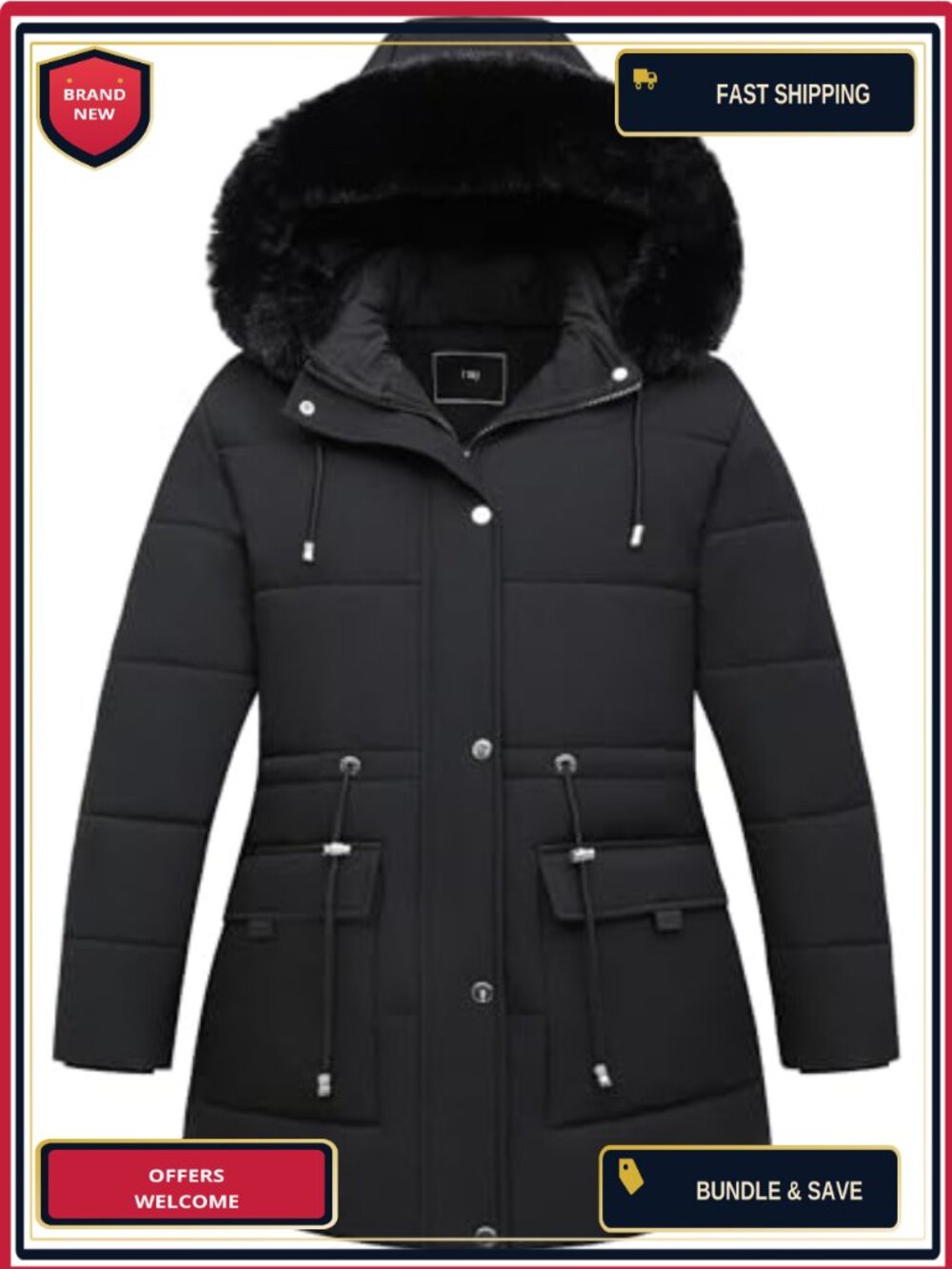 Plus Size Quilted Down Parka Coat with Faux Fur Trim Waterproof
